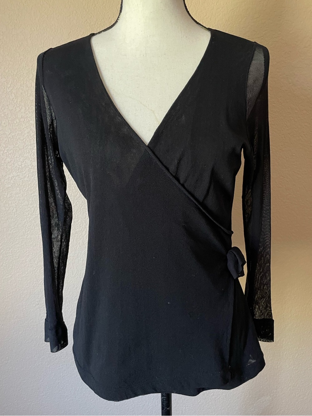 Vintage Y2K Faux-Wrap Top Sheer Mesh Long Sleeve Whimsigoth dark feminine M